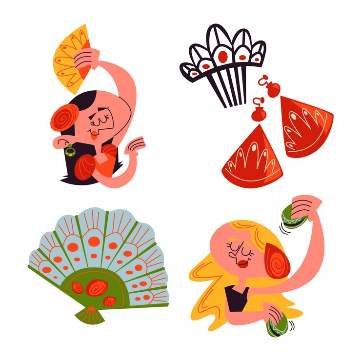 Vector gratuito colección de pegatinas de baile flamenco de dibujos animados retro
