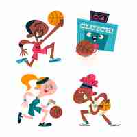 Vector gratuito colección de pegatinas de baloncesto de dibujos animados retro