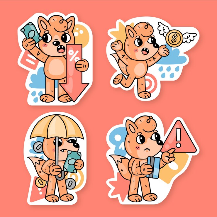 Vector gratuito colección de pegatinas de bancarrota con fred el zorro