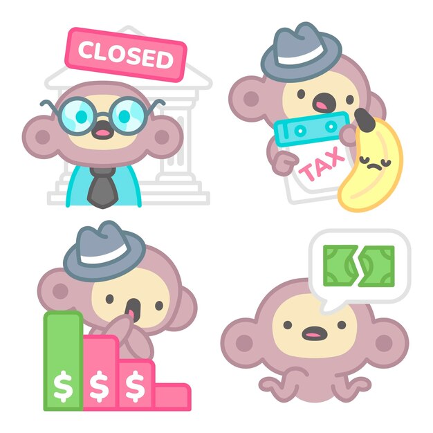 Colección de pegatinas de bancarrota con mono y plátano
