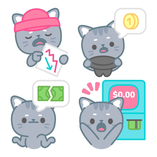 Vector gratuito colección de pegatinas de bancarrota con tomomi el gato