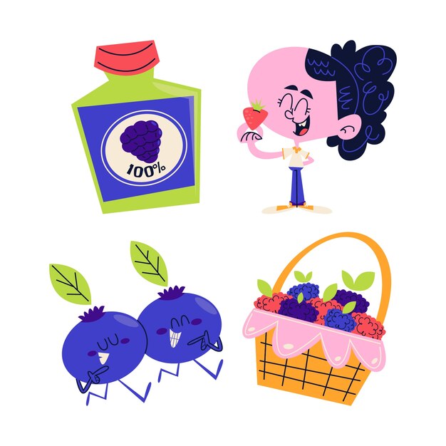 Colección de pegatinas de bayas de dibujos animados retro