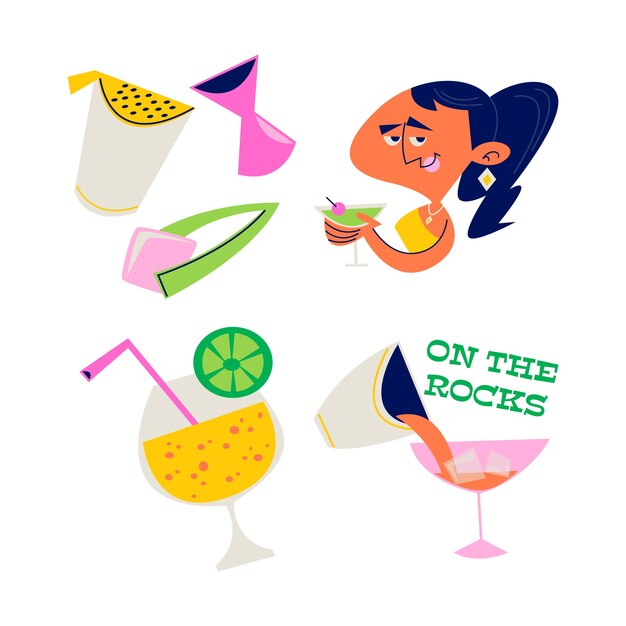 Colección de pegatinas de bebidas de dibujos animados retro