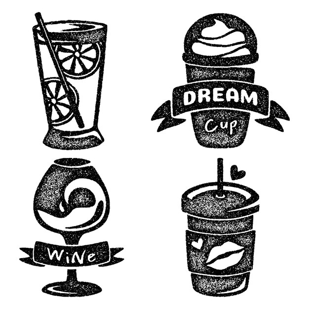 Colección de pegatinas de bebidas monocromáticas