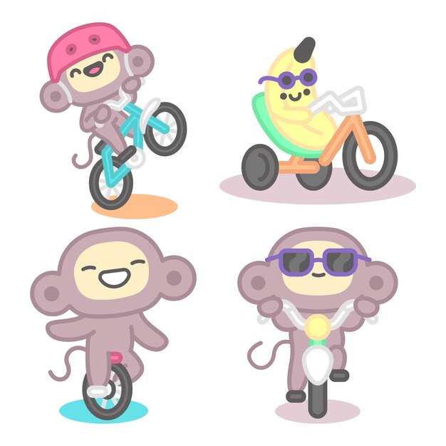 Colección de pegatinas de bicicleta con mono y plátano