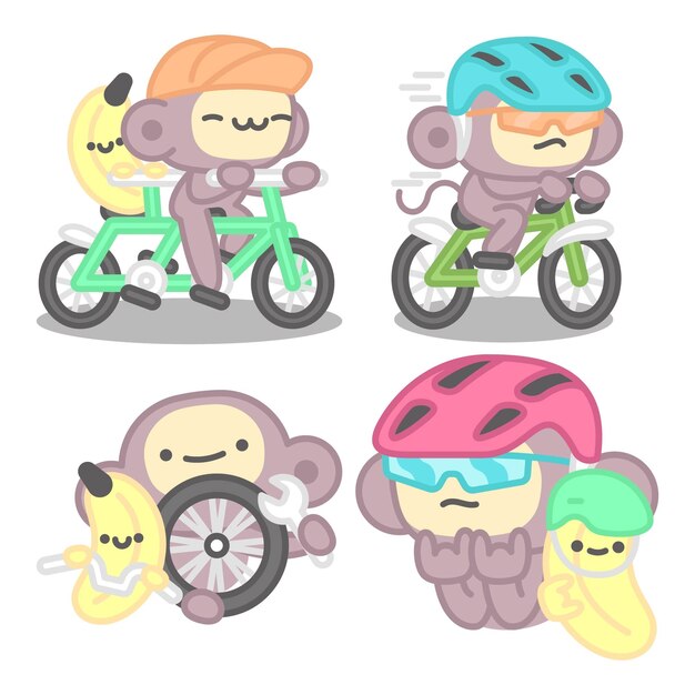 Colección de pegatinas de bicicleta con mono y plátano