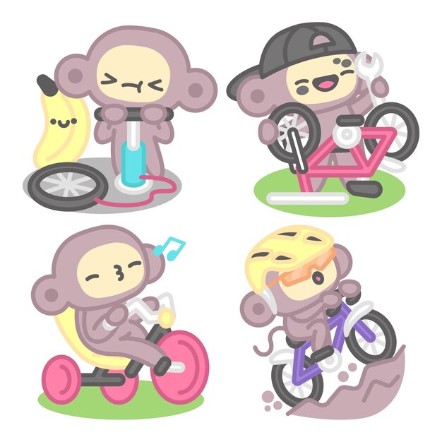 Colección de pegatinas de bicicleta con mono y plátano