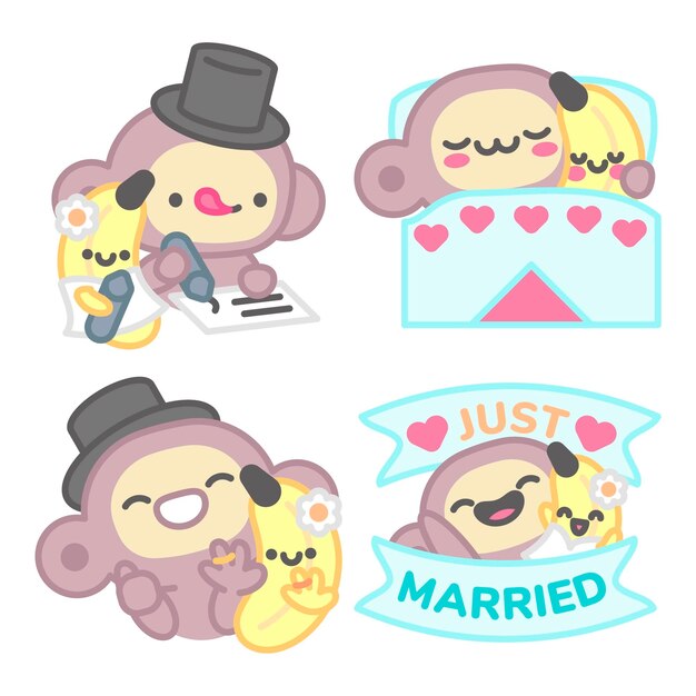 Colección de pegatinas de boda con mono y plátano