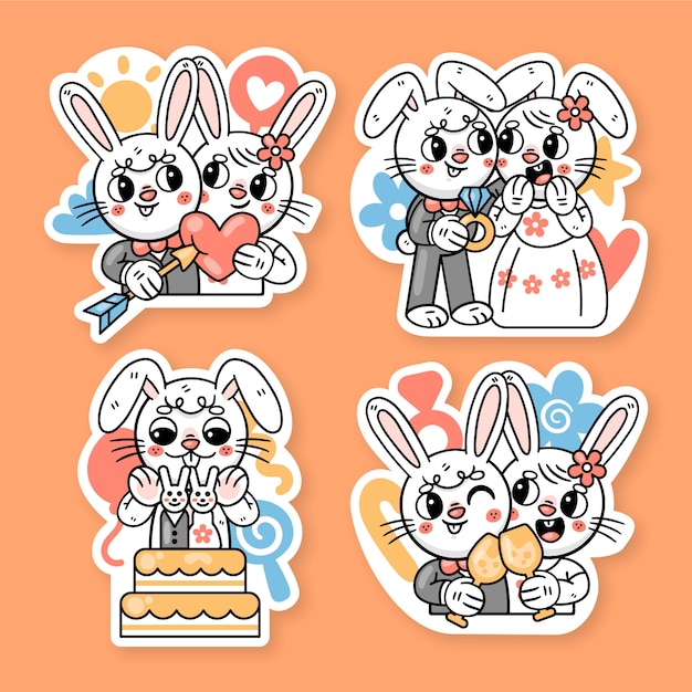 Vector gratuito colección de pegatinas de boda con ronnie the bunny