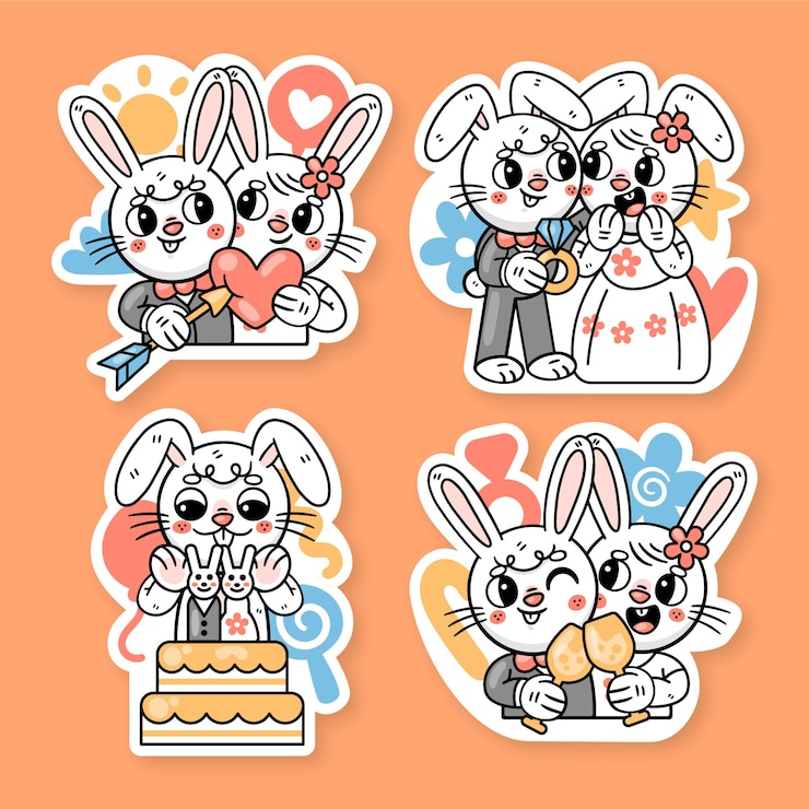Vector gratuito colección de pegatinas de boda con ronnie the bunny