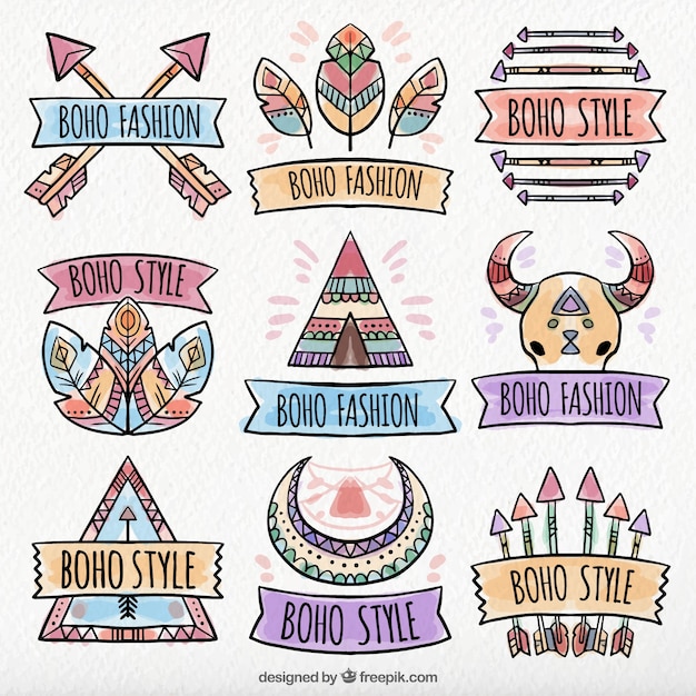 Vector gratuito colección de pegatinas boho dibujadas a mano de acuarela