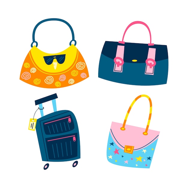 Vector gratuito colección de pegatinas de bolsos y maletas de dibujos animados retro