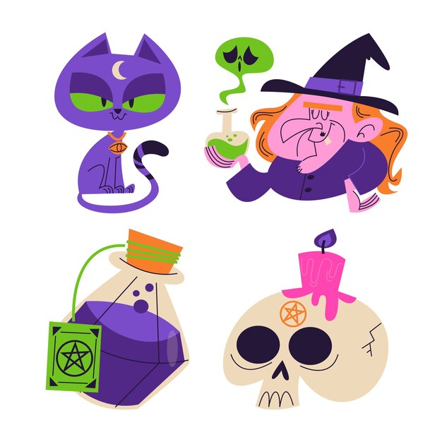 Colección de pegatinas de brujería de dibujos animados retro