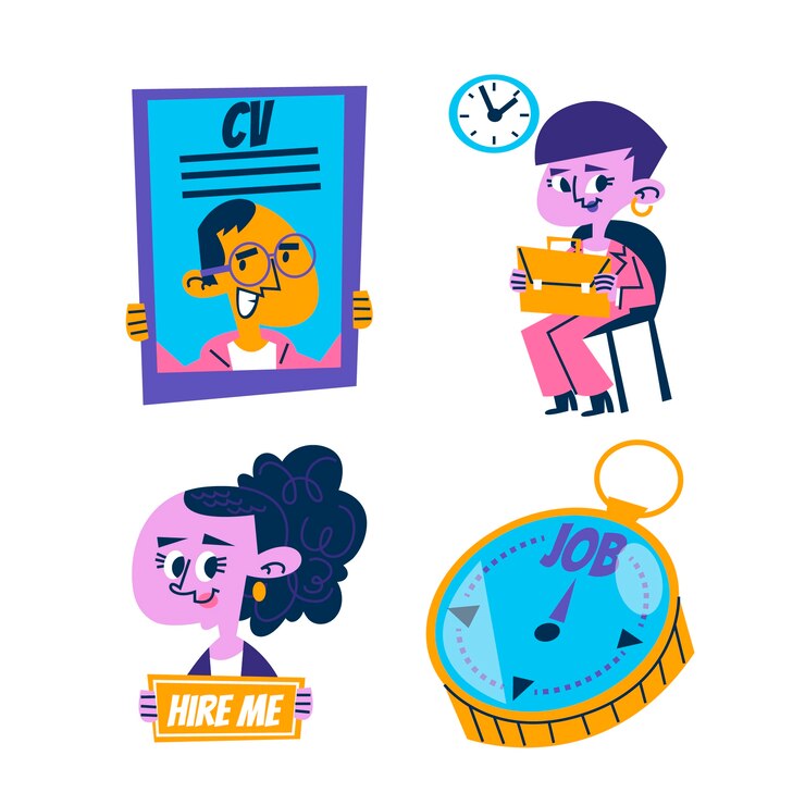 Vector gratuito colección de pegatinas de buscador de trabajo de dibujos animados retro