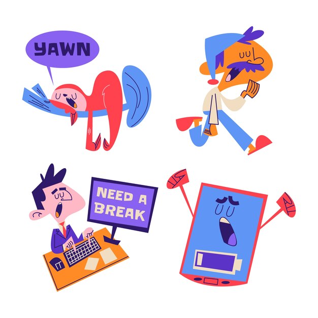 Colección de pegatinas cansadas de dibujos animados retro