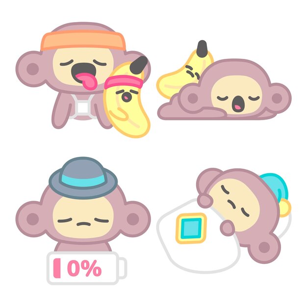 Colección de pegatinas cansadas con mono y plátano