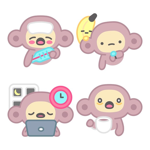 Colección de pegatinas cansadas con mono y plátano