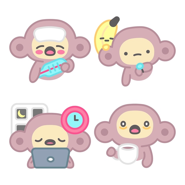 Colección de pegatinas cansadas con mono y plátano