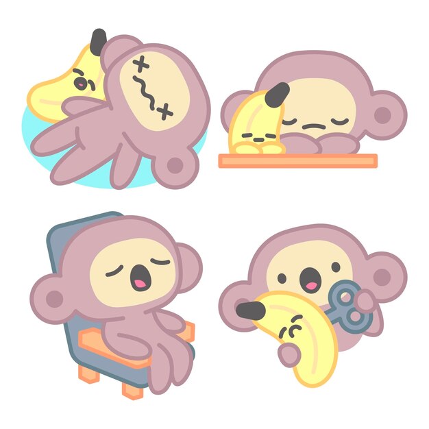 Colección de pegatinas cansadas con mono y plátano