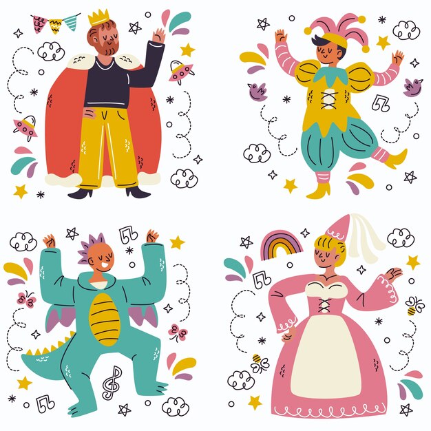 Colección de pegatinas de carnaval dibujadas a mano de garabatos