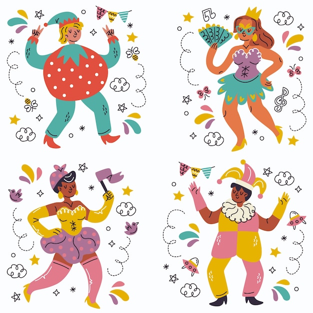 Vector gratuito colección de pegatinas de carnaval dibujadas a mano de garabatos