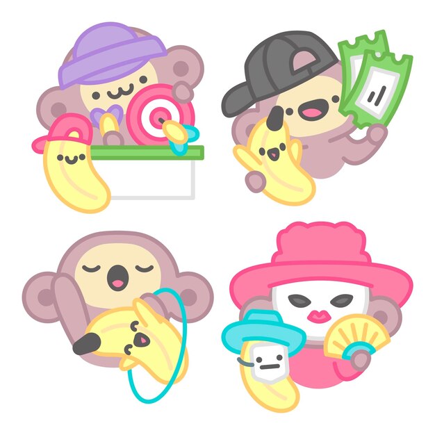 Colección de pegatinas de carnaval con mono y plátano