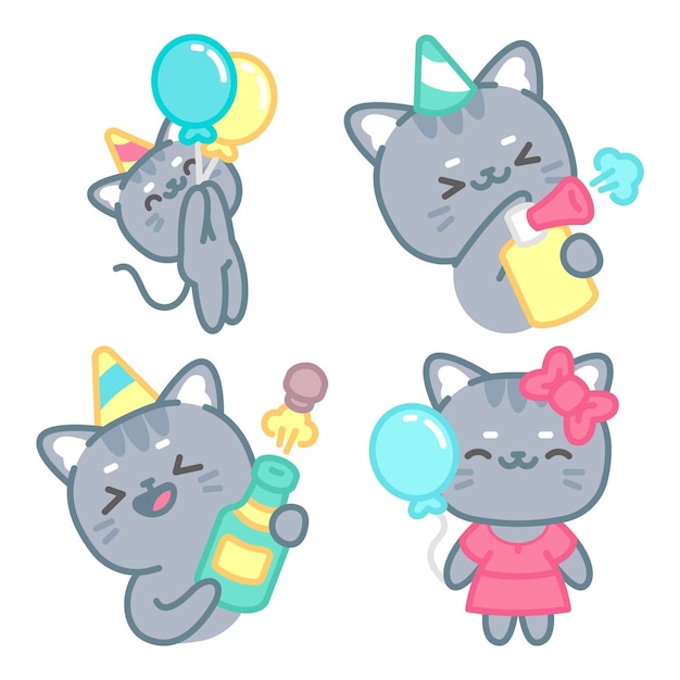 Vector gratuito colección de pegatinas de celebración de cumpleaños con tomomi el gato