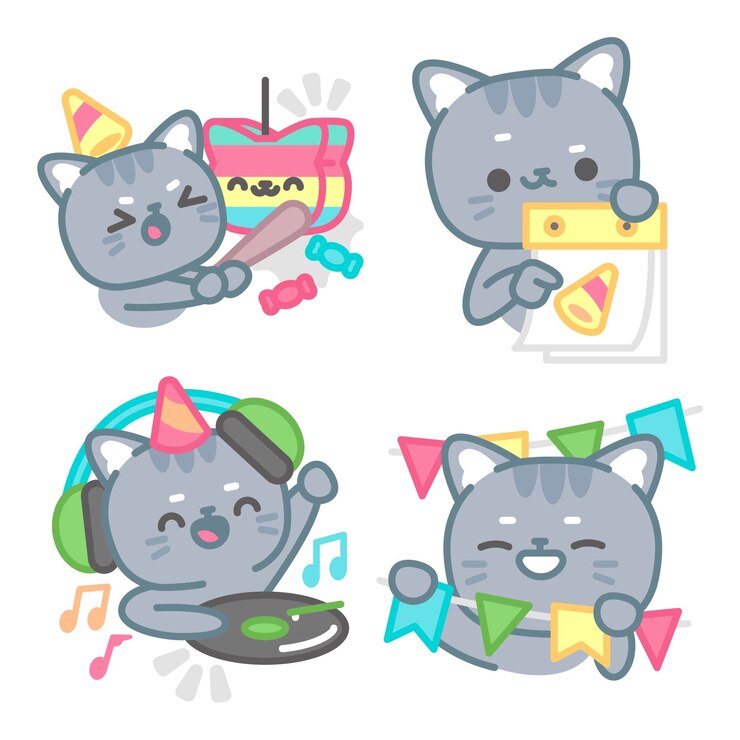 Vector gratuito colección de pegatinas de celebración de cumpleaños con tomomi el gato