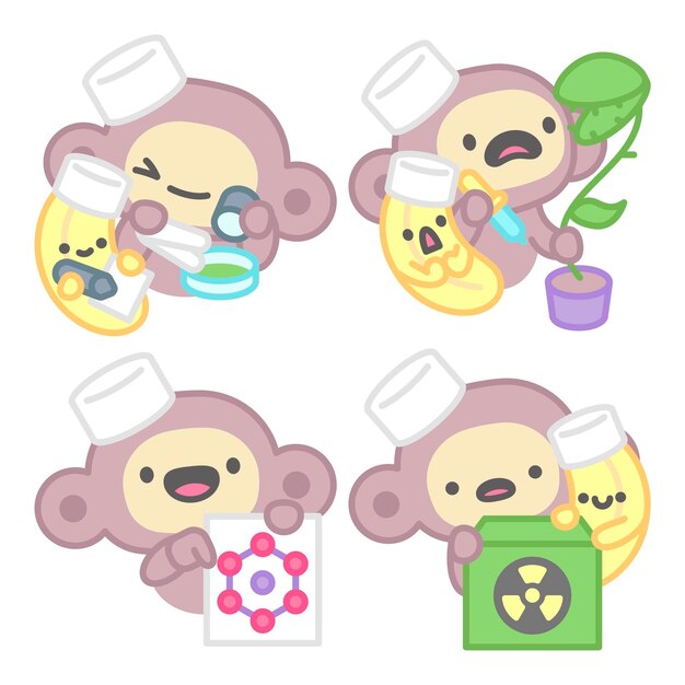 Colección de pegatinas científicas con mono y plátano