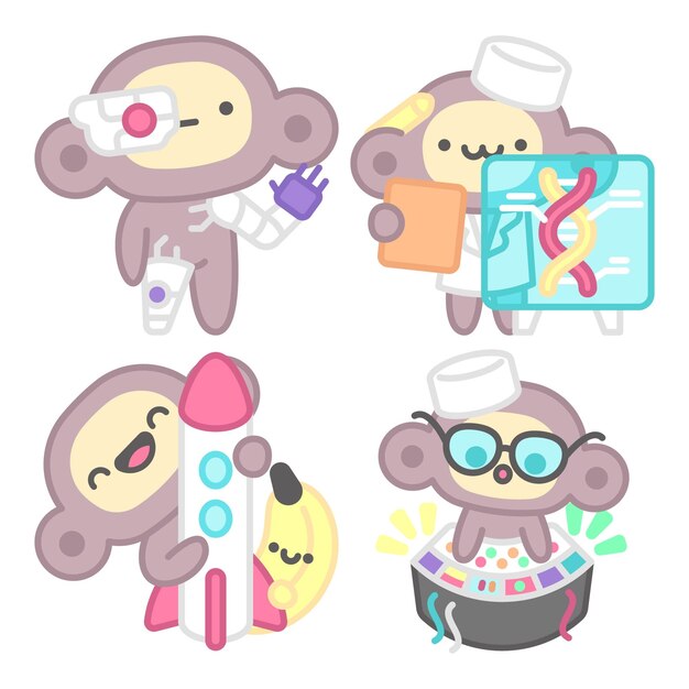 Colección de pegatinas de científico con mono y plátano
