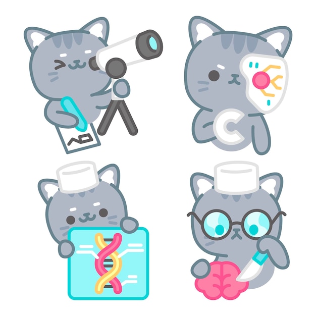 Vector gratuito colección de pegatinas de científico con tomomi el gato