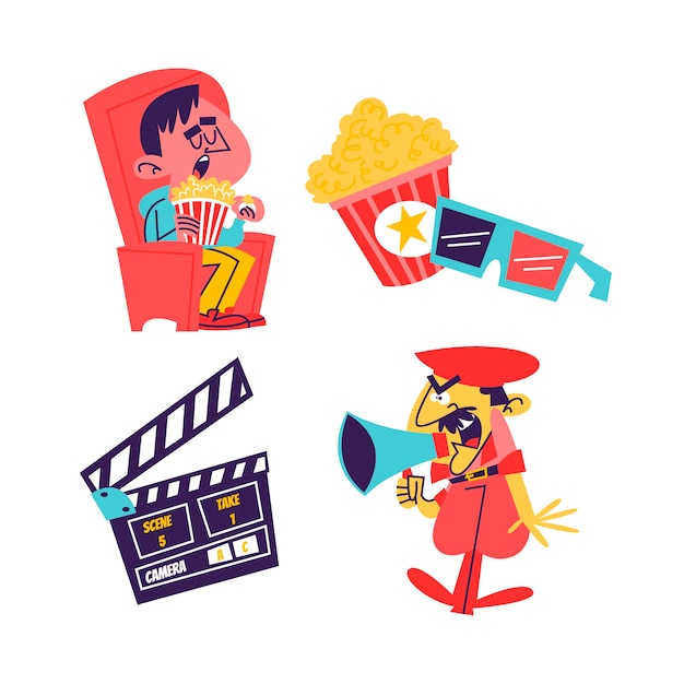 Vector gratuito colección de pegatinas de cine de dibujos animados retro