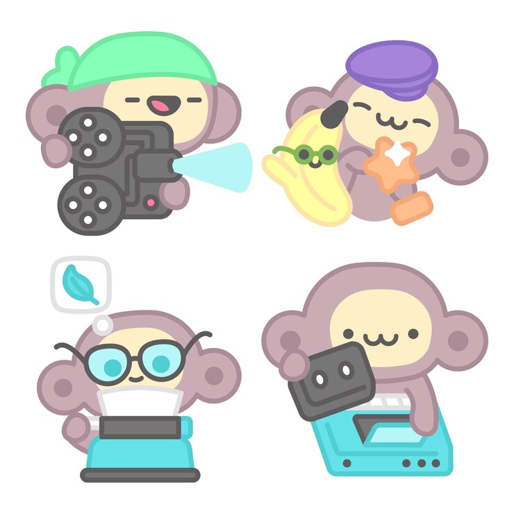 Vector gratuito colección de pegatinas de cine con mono y plátano