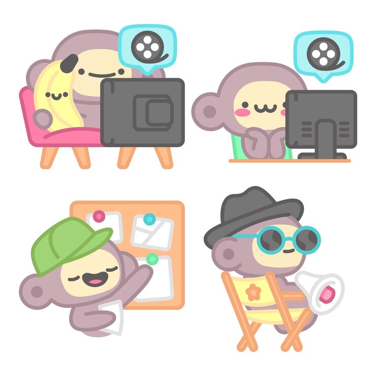 Vector gratuito colección de pegatinas de cine con mono y plátano