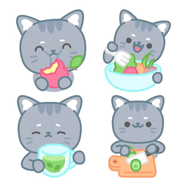 Colección de pegatinas de comida saludable con el gato tomomi