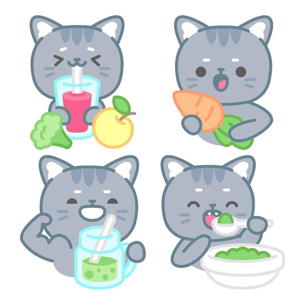 Colección de pegatinas de comida saludable con el gato tomomi