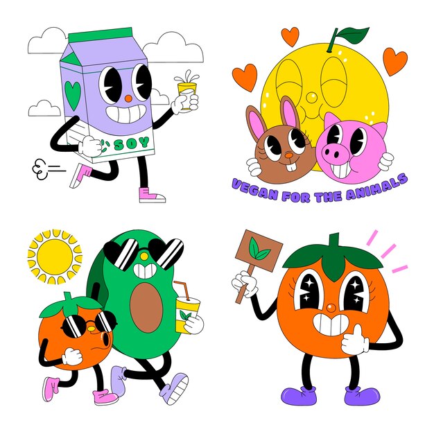 Colección de pegatinas de comida vegana ácida
