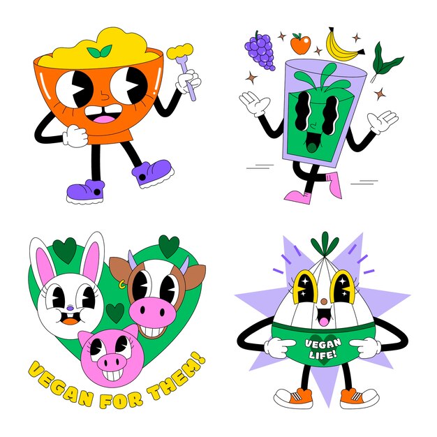 Colección de pegatinas de comida vegana ácida