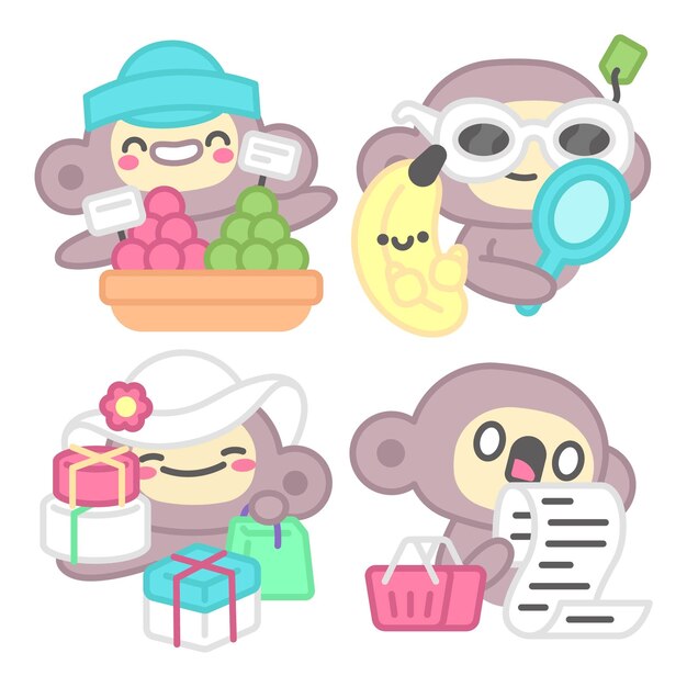 Colección de pegatinas de compras con mono y plátano