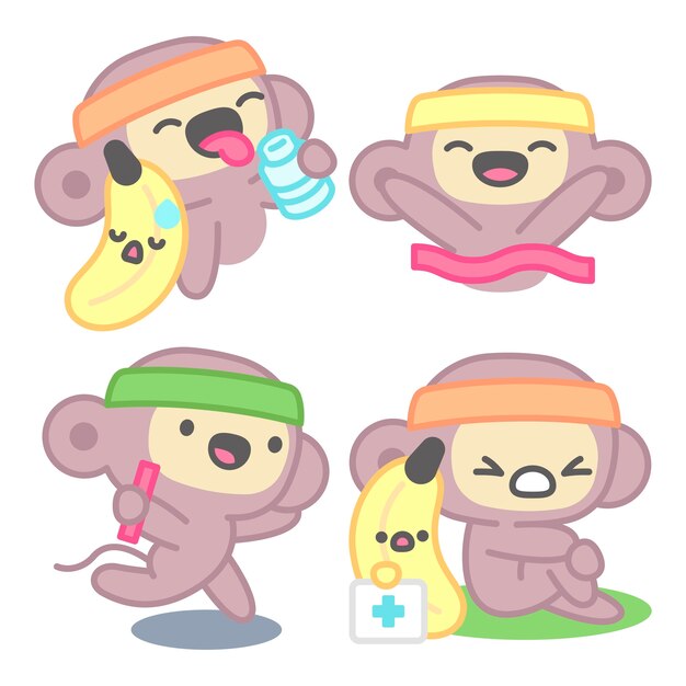 Colección de pegatinas corriendo con mono y plátano