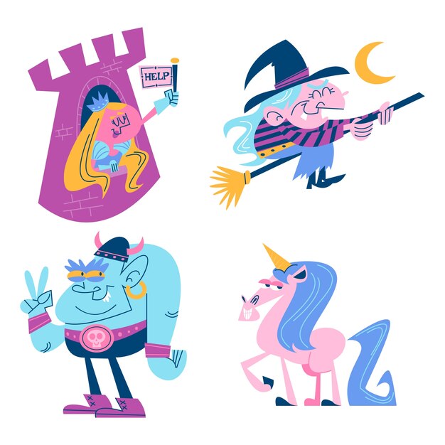 Colección de pegatinas de cuento de hadas de dibujos animados retro