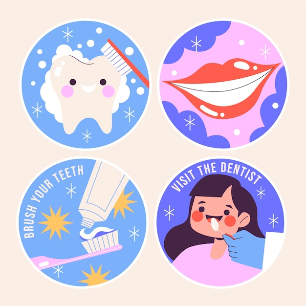 Vector gratuito colección de pegatinas de cuidado dental ingenuo