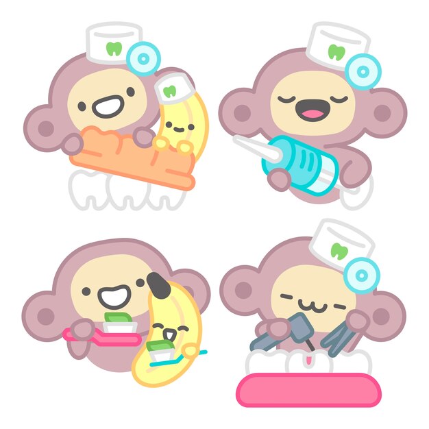 Colección de pegatinas de cuidado dental con mono y plátano