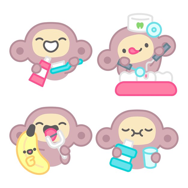 Colección de pegatinas de cuidado dental con mono y plátano