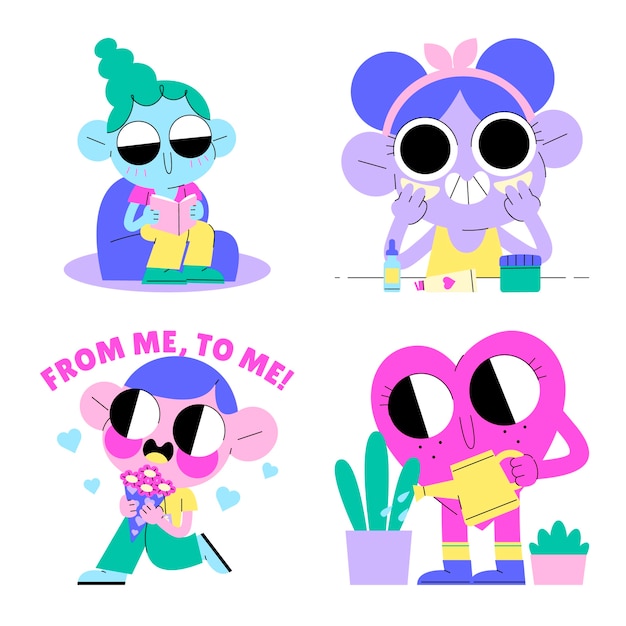 Colección de pegatinas de cuidado personal de dibujos animados.