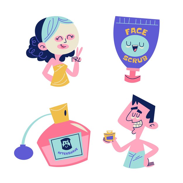 Colección de pegatinas de cuidado de la piel de dibujos animados retro
