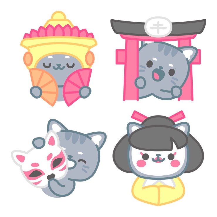 Vector gratuito colección de pegatinas de la cultura asiática con el gato tomomi.