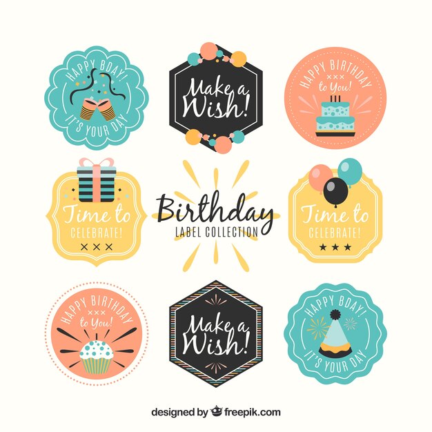 Colección de pegatinas de cumpleaños en diseño retro