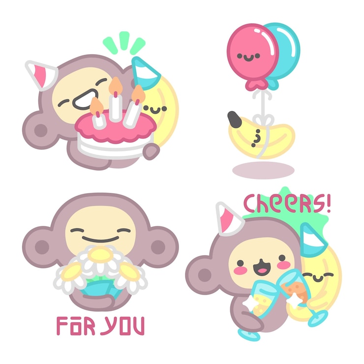 Vector gratuito colección de pegatinas de cumpleaños con mono y plátano