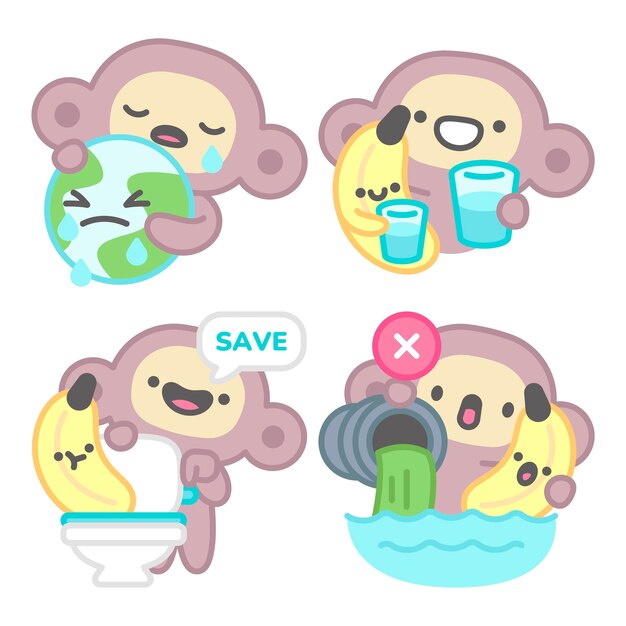 Colección de pegatinas del Día Mundial del Agua con mono y plátano